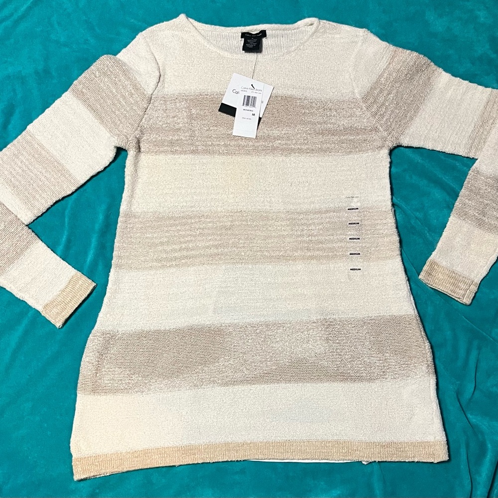 NWT. Calvin Klein Jeans. Women's Beige Stripped Knit Top. Size M.